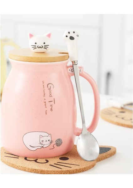 Kedi Kupa Güzel Kitty Kapaklı Sevimli Seramik Kahve Fincanı, Kedi Paw Kaşık, Kawaii Coaster, Yenilik Sabah Fincan Çay Süt Noel Kupa, Pembe (Yurt Dışından) fırsatları