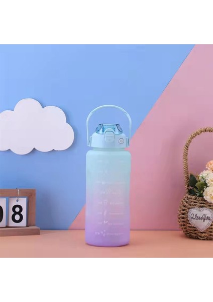Yeni Büyük Kapasiteli Su Şişesi Saman Degrade Buzlu Açık Hava Plastik Bardak Spor Fitness Terazisi Su Bardağı Degrade Mavi ve Mor 2000 ml (Yurt Dışından)