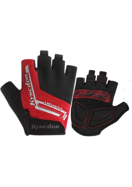 Yarım Parmak Jel Yastıklı Bisiklet Eldivenleri Kaymaz Şok Emici El Koruma Parmaksız Yaz Bisiklet Kısa Eldiven Erkek ve Kadın Için-Kırmızı (L) (Yurt Dışından)