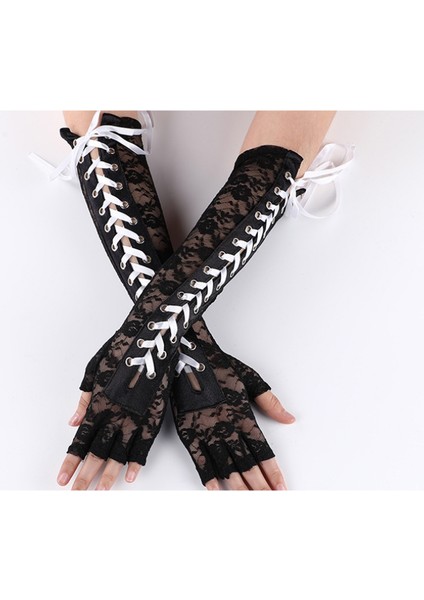 Bayan Parmaksız Eldiven Dirsek Bağcıklı Steampunk Kostüm Kol Isıtıcı, Naylon Beyaz (Yurt Dışından)