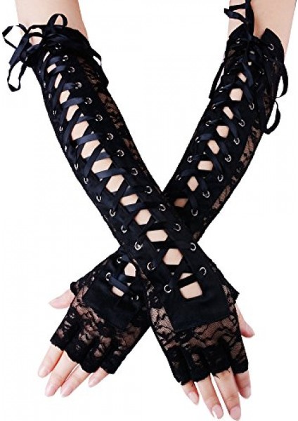 Bayan Parmaksız Eldiven Dirsek Bağcıklı Steampunk Kostüm Kol Isıtıcı, Naylon Siyah (Yurt Dışından)
