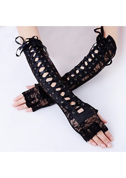 Bayan Parmaksız Eldiven Dirsek Bağcıklı Steampunk Kostüm Kol Isıtıcı, Naylon Siyah (Yurt Dışından) fiyatları