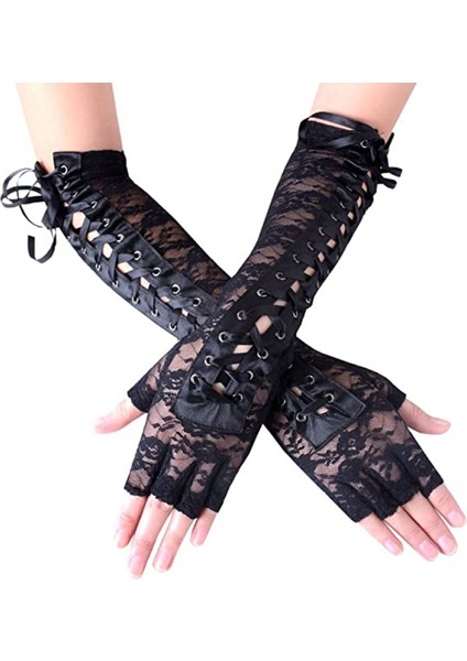 Bayan Parmaksız Eldiven Dirsek Bağcıklı Steampunk Kostüm Kol Isıtıcı, Naylon Siyah (Yurt Dışından) modelleri