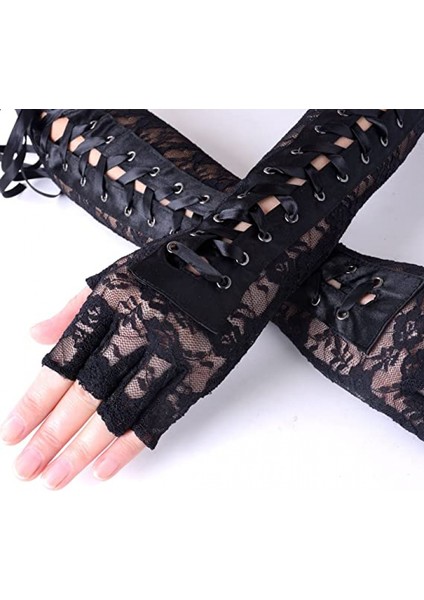 Bayan Parmaksız Eldiven Dirsek Bağcıklı Steampunk Kostüm Kol Isıtıcı, Naylon Siyah (Yurt Dışından) fırsatları