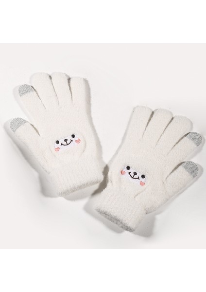 Bayanlar Çocuklar Kış Dokunmatik Ekran Eldiveni Sıcak Polar Astar Örgü Eldiven Elastik Manşet Kış Manifatura Eldiven Beyaz Gülen (Yurt Dışından)