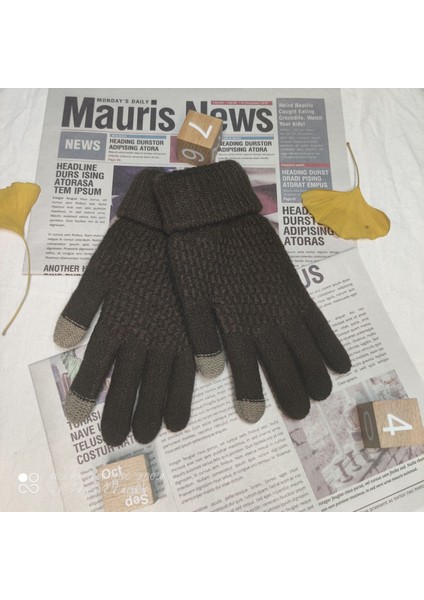 Kadın Kış Dokunmatik Ekran Eldivenleri Sıcak Polar Astarlı Örgü Eldiven Elastik Manşet Kış Mesaj Eldiveni, Kahverengi (Yurt Dışından)