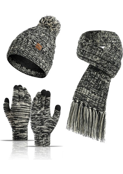 Kış Yeni Stil Örme Yün Renkli Şapka Kalın Eşarp Dokunmatik Ekran Eldiveni Üç Parçalı Set, Siyah (Yurt Dışından)