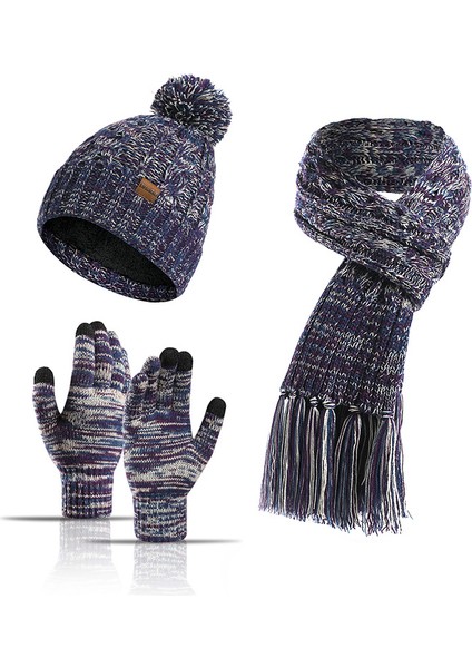 Kış Yeni Stil Örme Yün Renkli Şapka Kalın Eşarp Dokunmatik Ekran Eldiveni Üç Parçalı Set, Mor (Yurt Dışından)