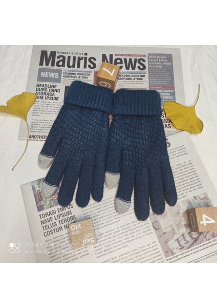 Kadın Kış Dokunmatik Ekran Eldiveni Sıcak Polar Astarlı Örgü Eldiven Elastik Manşet Kış Manifatura Eldiveni, Indigo (Yurt Dışından)