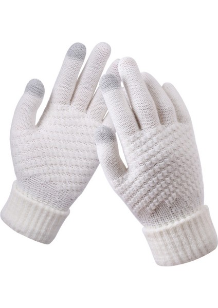 Kadın Kış Dokunmatik Ekran Eldiveni Sıcak Polar Astarlı Örgü Eldiven Elastik Manşet Kış Manifatura Eldiveni, Beyaz (Yurt Dışından)