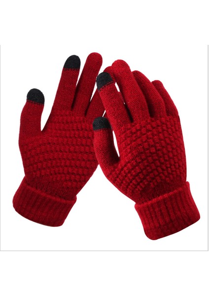 Kadın Kış Dokunmatik Ekran Eldiveni Sıcak Polar Astarlı Örgü Eldiven Elastik Manşet Kış Manifatura Eldiveni, Kırmızı (Yurt Dışından)