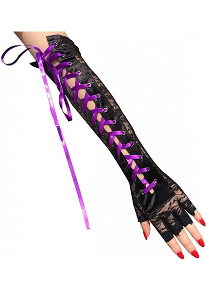 Bayan Parmaksız Eldiven Dirsek Bağcıklı Steampunk Kostüm Kol Isıtıcı, Naylon Mor (Yurt Dışından) fiyatları