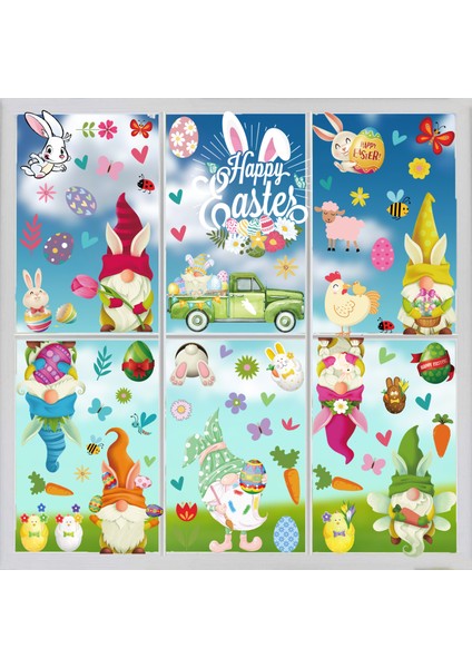 96 Adet Pencere Çıkartmaları Ev Dekorasyonu, Paskalya Tavşanı Yumurtaları Gnome Cüce Statik Pencere Çıkartmaları, Pencere Camı Kapı Çıkartmaları 9 Yaprak(#a) (Yurt Dışından)