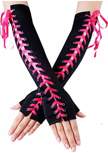 Bayan Parmaksız Eldiven Dirsek Bağcıklı Steampunk Kostüm Kol Isıtıcı, Saten Gül Kırmızı (Yurt Dışından)