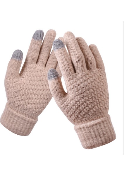Bayanlar Çocuklar Kış Dokunmatik Ekran Eldiveni Sıcak Polar Astar Örgü Eldiven Elastik Manşet Kış Manifatura Eldiven Bej (Yurt Dışından)