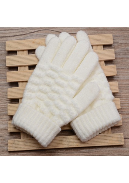 Bayanlar Çocuklar Kış Dokunmatik Ekran Eldiveni Sıcak Polar Astar Örgü Eldiven Elastik Manşet Kış Manifatura Eldiven Çocuk Beyaz (Yurt Dışından)