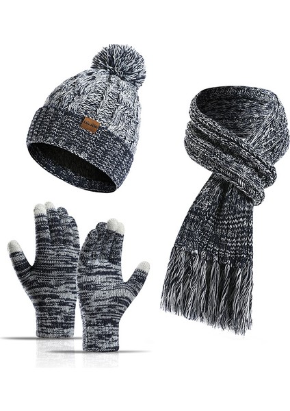 Kış Yeni Stil Örme Yün Renkli Şapka Kalın Eşarp Dokunmatik Ekran Eldiveni Üç Parçalı Set, Lacivert (Yurt Dışından)
