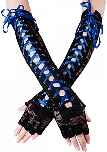 Bayan Parmaksız Eldiven Dirsek Bağcıklı Steampunk Kostüm Kol Isıtıcı, Naylon Kraliyet Mavisi (Yurt Dışından)
