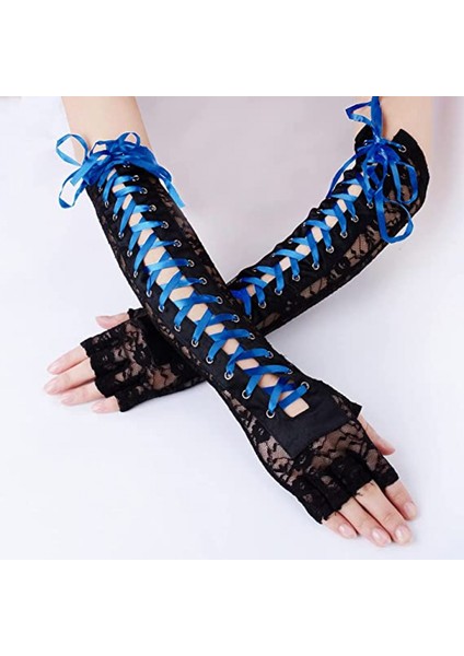 Bayan Parmaksız Eldiven Dirsek Bağcıklı Steampunk Kostüm Kol Isıtıcı, Naylon Kraliyet Mavisi (Yurt Dışından) fiyatları