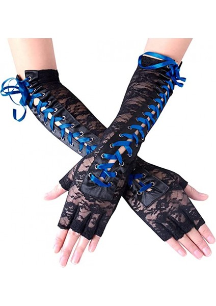 Bayan Parmaksız Eldiven Dirsek Bağcıklı Steampunk Kostüm Kol Isıtıcı, Naylon Kraliyet Mavisi (Yurt Dışından) modelleri