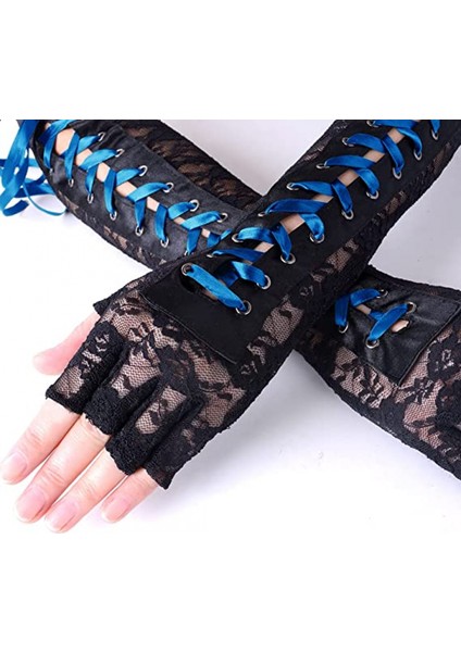 Bayan Parmaksız Eldiven Dirsek Bağcıklı Steampunk Kostüm Kol Isıtıcı, Naylon Kraliyet Mavisi (Yurt Dışından) fırsatları