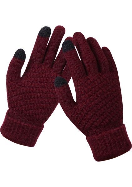 Kadın Kış Dokunmatik Ekran Eldiveni Sıcak Polar Astarlı Örgü Eldiven Elastik Manşet Kış Manifatura Eldiveni, Şarap Kırmızısı (Yurt Dışından)
