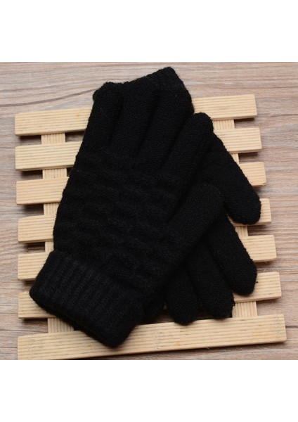 Bayanlar Çocuklar Kış Dokunmatik Ekran Eldiveni Sıcak Polar Astar Örgü Eldiven Elastik Manşet Kış Manifatura Eldiven Çocuk Siyah (Yurt Dışından)