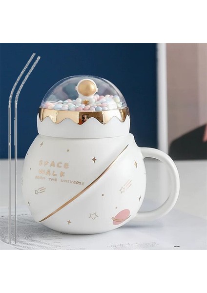 Sevimli Astronot Gezegen Seramik Kapaklı Kupa Büyük Kapasiteli Kupa Aile ve Arkadaşlar Için Yaratıcı ve Pratik Hediye, Zarif Hediye Kutusu ile (Yurt Dışından)