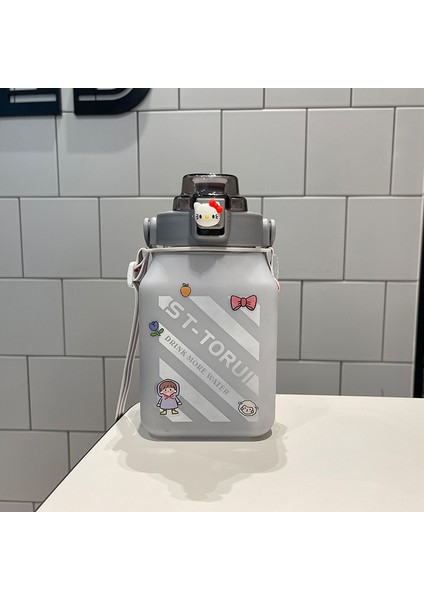 Yaz Kare Saksı Göbek Kupası Degrade Spor Şişesi Açık Buzlu Saman Bardak Büyük Kapasiteli Su Bardağı Gri (3d Çıkartmalar + Rastgele Çıkartmalarla) 1,5l (Yurt Dışından)