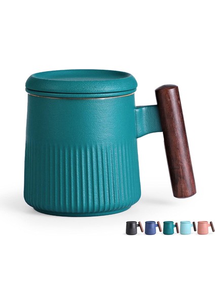 Taoci Çay Kupa Seramik Çay Bardağı Saplı Ahşap Demlik ve Kapaklı 12.5 Ons Porselen Bardak Demleme Gevşek Yaprak Çay (Yeşil） (Yurt Dışından)