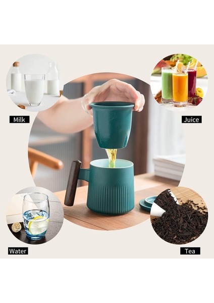 Taoci Çay Kupa Seramik Çay Bardağı Saplı Ahşap Demlik ve Kapaklı 12.5 Ons Porselen Bardak Demleme Gevşek Yaprak Çay (Yeşil） (Yurt Dışından) fiyatları
