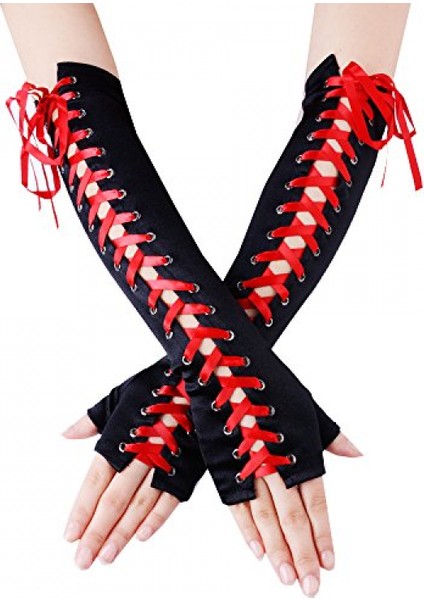 Bayan Parmaksız Eldiven Dirsek Bağcıklı Steampunk Kostüm Kol Isıtıcı, Naylon Siyah (Yurt Dışından)