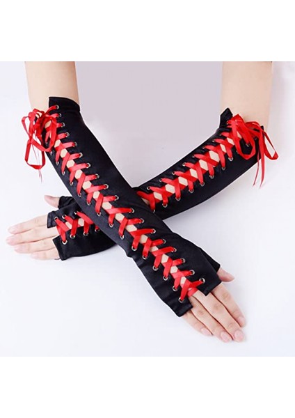 Bayan Parmaksız Eldiven Dirsek Bağcıklı Steampunk Kostüm Kol Isıtıcı, Naylon Siyah (Yurt Dışından) fiyatları