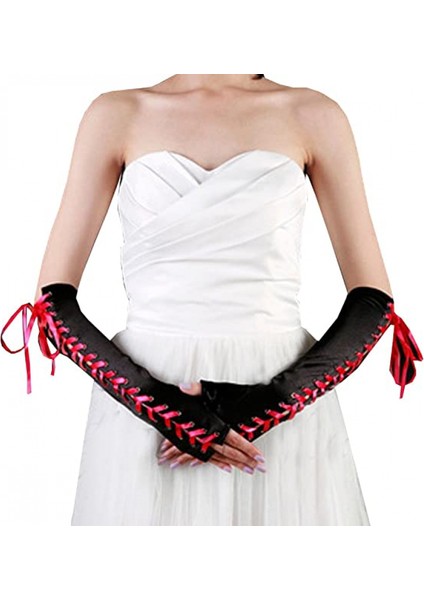 Bayan Parmaksız Eldiven Dirsek Bağcıklı Steampunk Kostüm Kol Isıtıcı, Naylon Siyah (Yurt Dışından) modelleri