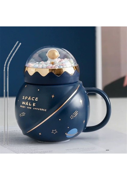 Sevimli Astronot Gezegen Seramik Kapaklı Kupa Büyük Kapasiteli Kupa Aile ve Arkadaşlar Için Yaratıcı ve Pratik Hediye, Zarif Hediye Kutusu ile (Yurt Dışından)
