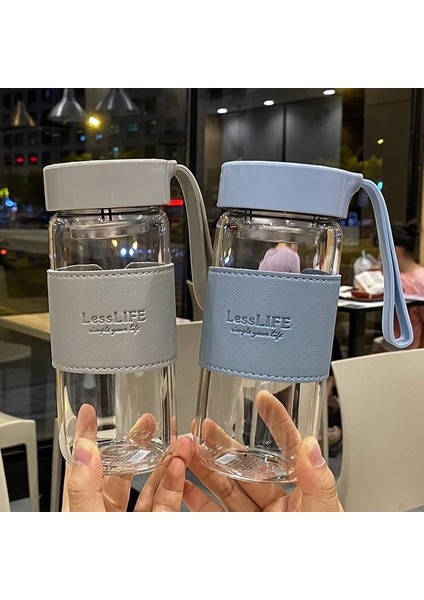 Bardak Kollu Cam Su Bardağı Kişilik Basit Mühürlü Taşınabilir Bardak Açık Gök Mavisi 480ML (Yurt Dışından)
