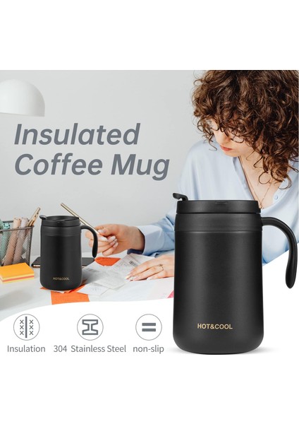 Kahve Kupa, 15 Oz Yalıtımlı Kahve Kupa Dudaklı, Paslanmaz Çelik Kahve Kupa Saplı, Yeniden Kullanılabilir Yalıtımlı Kupa, Kahve Bardağı, Çay Bardakları, Siyah (Yurt Dışından)