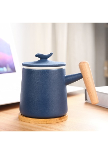 Seramik Kahve Kupa, Ofis ve Ev Için Çay Fincanları, Kapaklı 14OZ Kahve Fincanı Kahve Kaşığı, Doğum Günü, Yılbaşı Hediyeleri, Yeni Eve Taşınma Hediyeleri Yeni Ev, Mavi (Yurt Dışından)