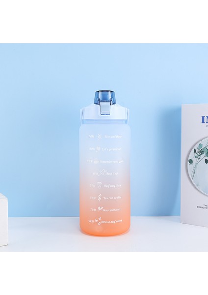 Degrade Renk Büyük Kapasiteli Buzlu Su Bardağı Saman Taşınabilir Açık Hava Sporları Su Şişesi Mavi 2000 ml (Yurt Dışından)