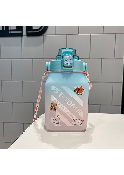 Yaz Kare Saksı Göbek Kupası Degrade Spor Şişesi Açık Buzlu Saman Bardak Büyük Kapasiteli Su Bardağı Mavi (3d Çıkartmalar + Rastgele Çıkartmalarla) 1,5l (Yurt Dışından)