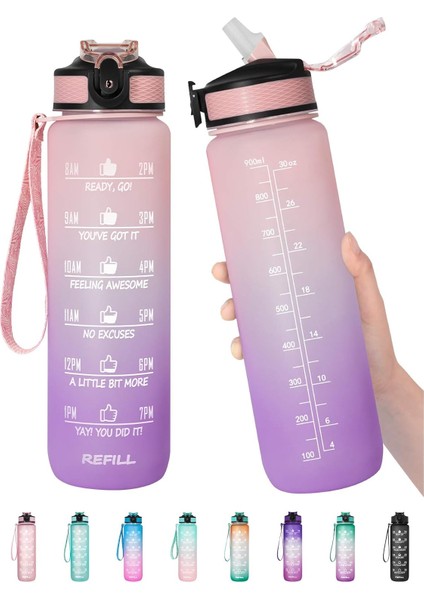 32 Oz Zaman Işaretleyici ve Pipetli Motivasyon Su Şişesi - Buzlu Taşınabilir Yeniden Kullanılabilir Fitness Spor 1l Erkekler Kadınlar Için Su Şişesi Çocuklar Öğrenci Ofis Spor Salo (Yurt Dışından)