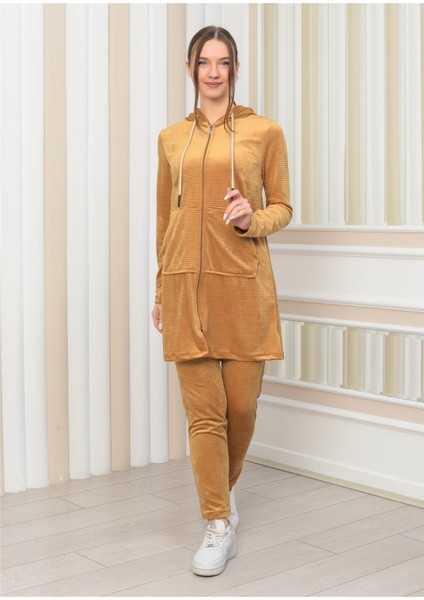 Kadın Kapşonlu Fermuarlı Tunik Pantolon Ikili Takım Taba fiyatları