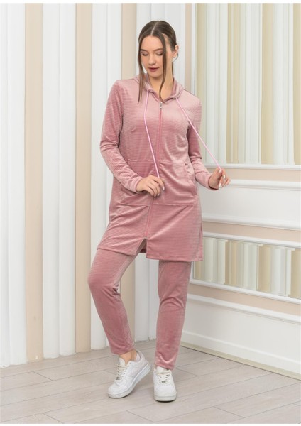 Kadın Kapşonlu Fermuarlı Tunik Pantolon Ikili Takım Pudra