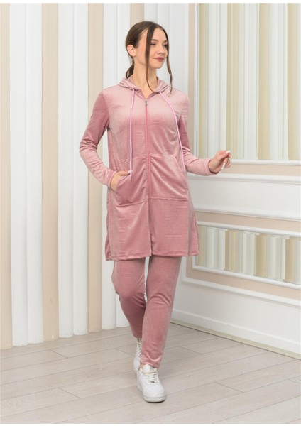 Kadın Kapşonlu Fermuarlı Tunik Pantolon Ikili Takım Pudra modelleri