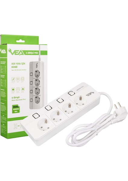 Vea VE-XMAN104 A Class 4'lü Anahtarlı 1.5 Metre Grup Priz Akım Korumalı Priz 2 USB 4000 Watt 16 Amper Isıya Dayanıklı fırsatları