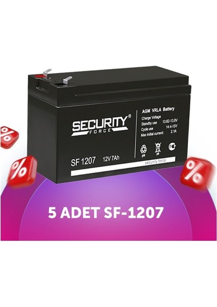 Serisi SF-1207 12 Volt 7 Amper Bakımsız Kuru Akü Alarm Paneli Aküsü 5 Adet