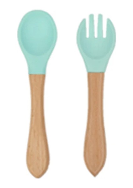 Cicibears 2 Adet Çocuk Ahşap Saplı Silikon Çatal Kaşık - Yeşil (Yurt Dışından)
