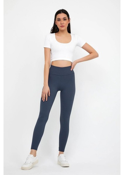 İncebelli Kadın Yüksek Bel İçi Şardonlu Fitilli Tayt Füme