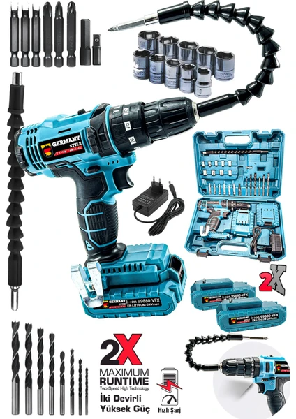 Germany Style GRM-99880 Vfx Çelik Şanzıman Darbeli 15000 Mah  2 Akülü Vidalama Matkap Şarjlı Matkap