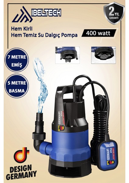 Germnay Style 2in1 Kombine Dalgıç Pompa QSB400 Ibeltech 400W Plastik Gövdeli Kirli ve Temiz Su Dalgıç Pompası